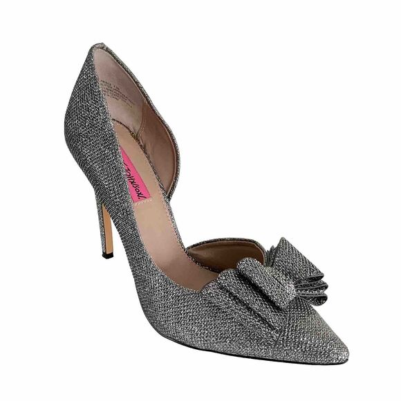 Betsey Johnson Heels 8.5M Pewter Prince Glitter Point-toe D’orsay Bow Stiletto - Picture 1 of 13